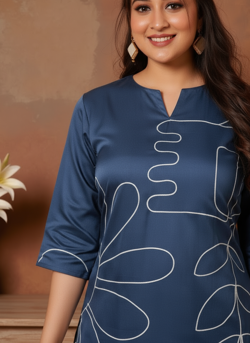 Embroidered Solid Straight Navy Blue Kurta