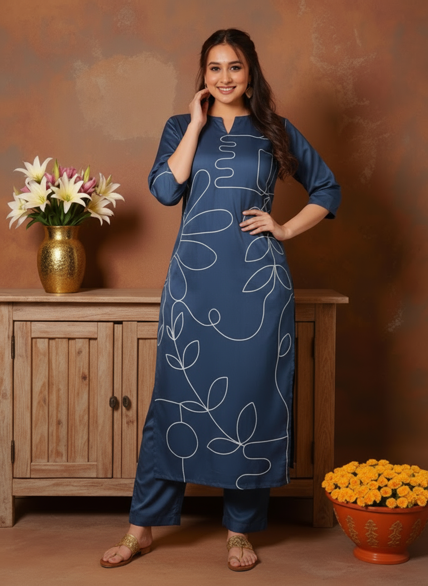 Embroidered Solid Straight Navy Blue Kurta