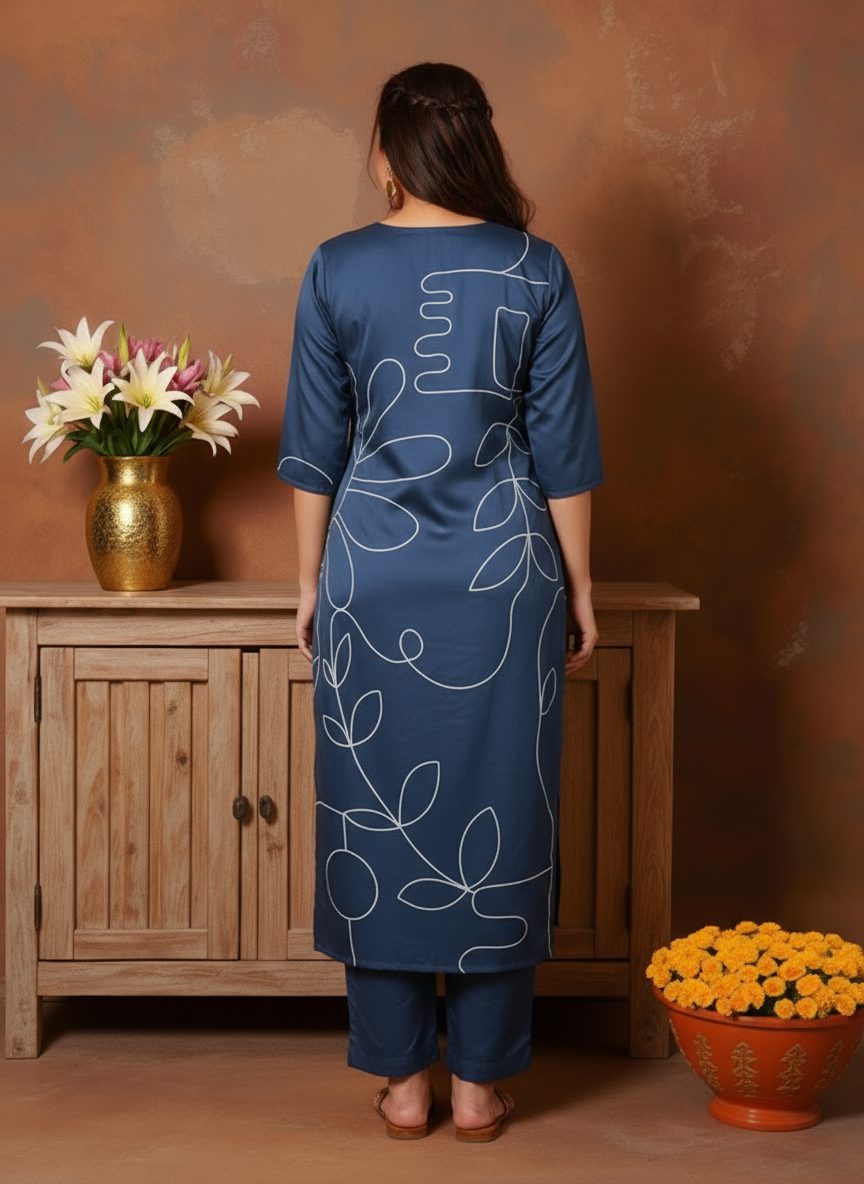 Embroidered Solid Straight Navy Blue Kurta
