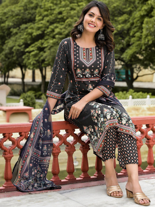Floral Printed Straight Liva Kurta With Trouser & Dupatta