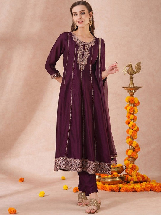 FASHOR Purple Floral Embroidered Panelled Mirror Work A-Line Kurta