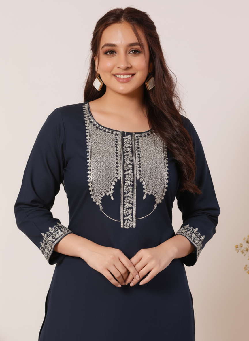 Embroidered Soft Cotton Solid Straight Navy Blue Kurta