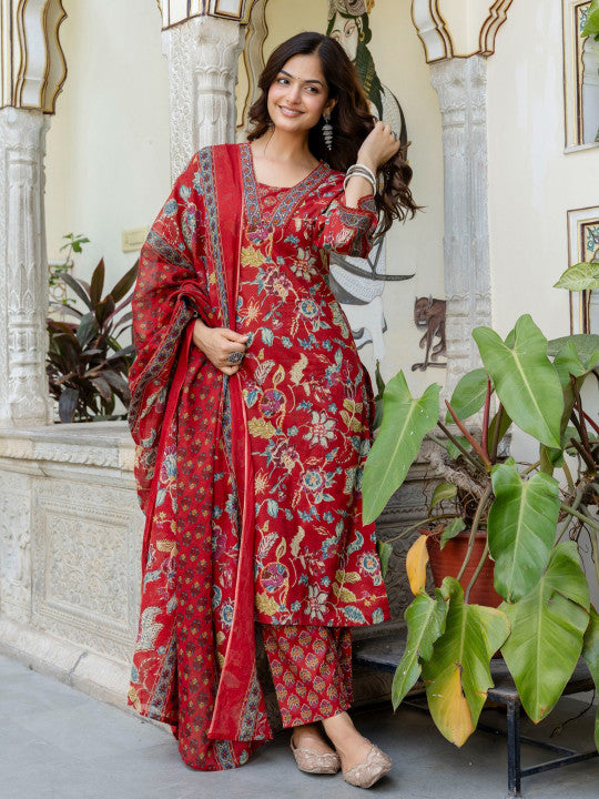 Anouk Women Floral Printed Cotton Kurta with Trousers & Dupatta