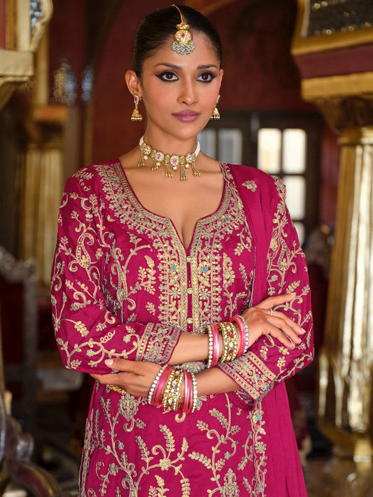 Indo Era Adults-Women Woven Design Embroidered Kurta with Palazzos & Dupatta