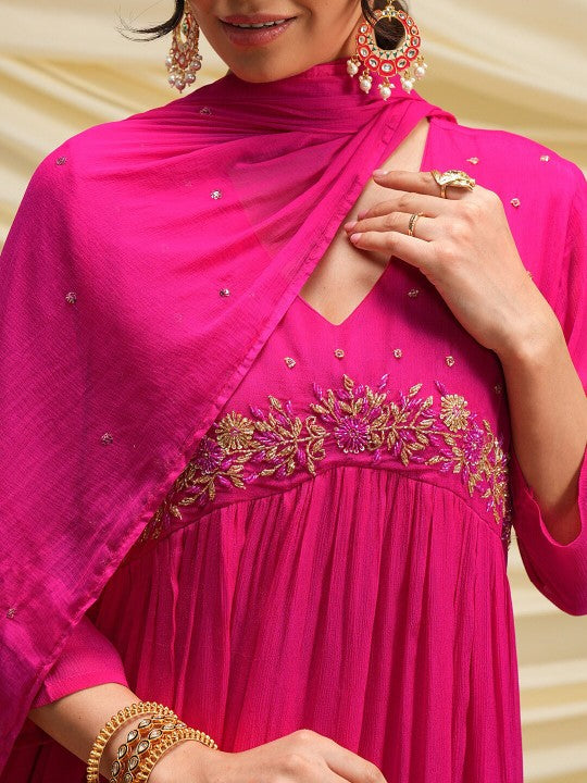 Vishudh Pink Floral Embroidered Beads and Stones Kurta with Palazzos & With Dupatta