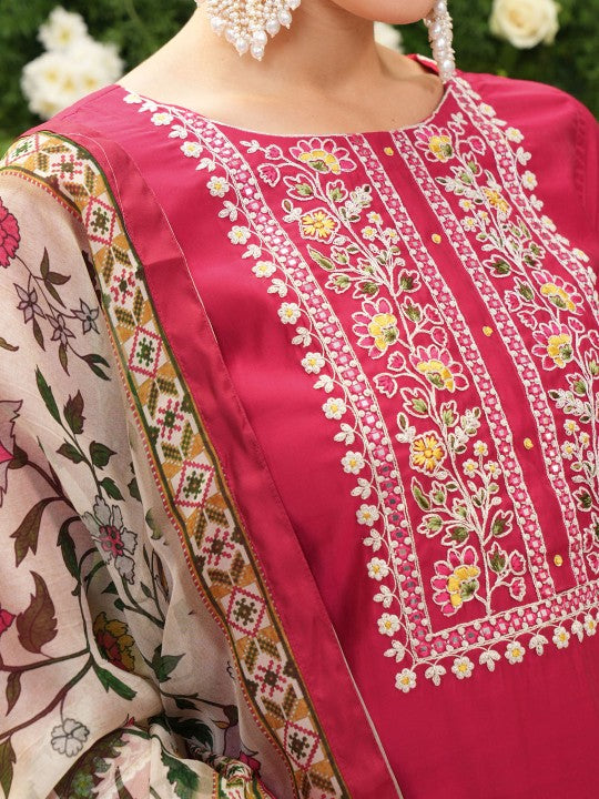 Vishudh Pink Ethnic Motifs Yoke Design Thread Work Kurta With Trousers & Dupatta