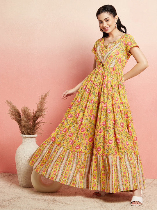 AKS Floral Printed Cotton Fit & Flare Maxi Ethnic Dress