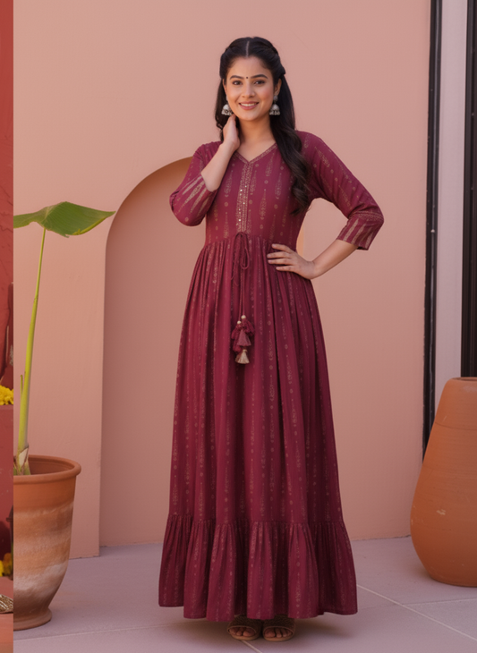 Viscose Floral Anarkali Maroon Dress