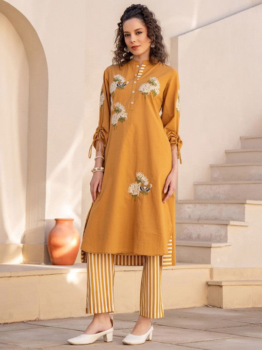 Indo Era Floral Embroidered Pure Cotton Tunic With Trousers Co-Ords