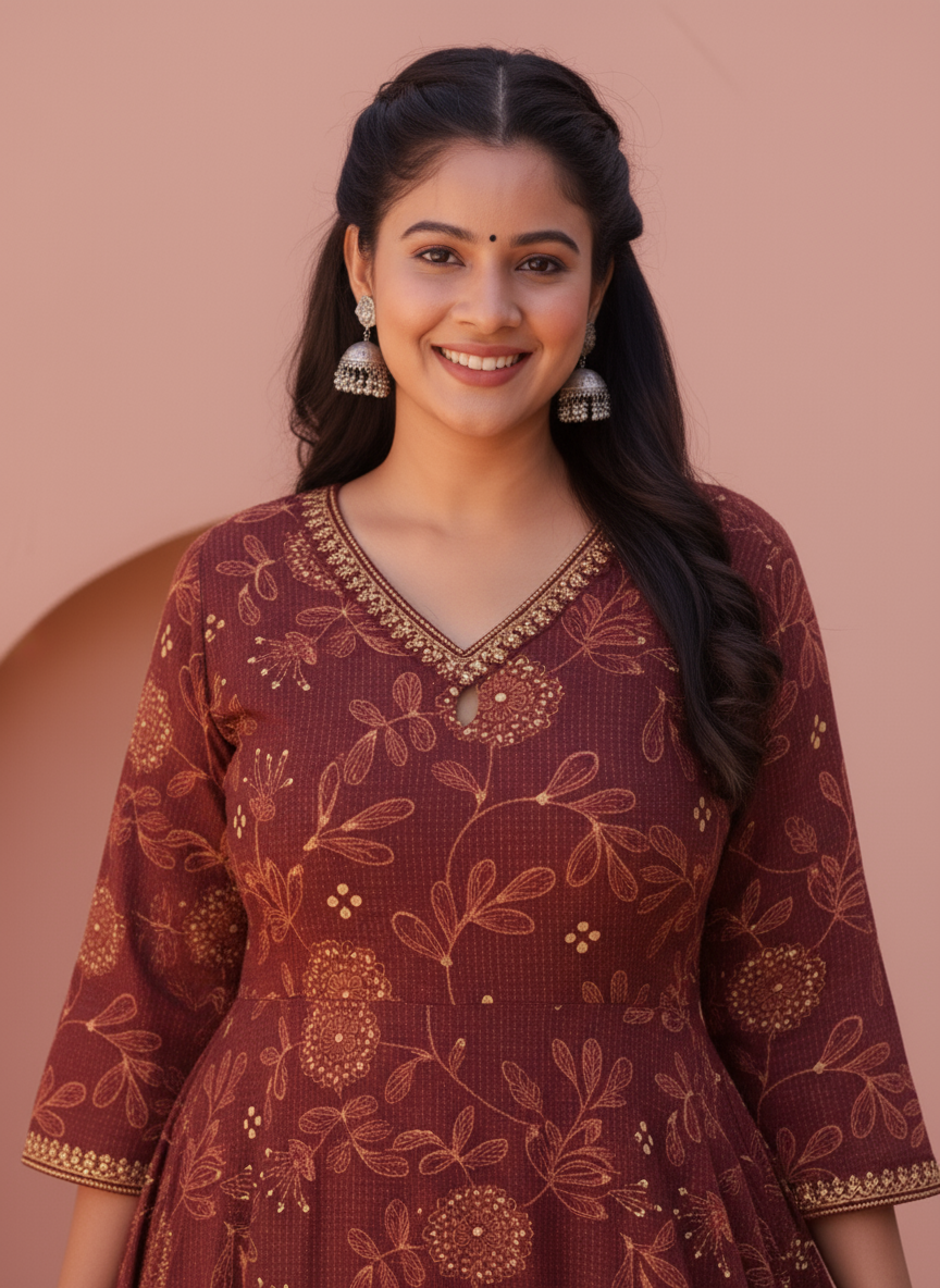 Viscose Floral Anarkali Maroon Dress