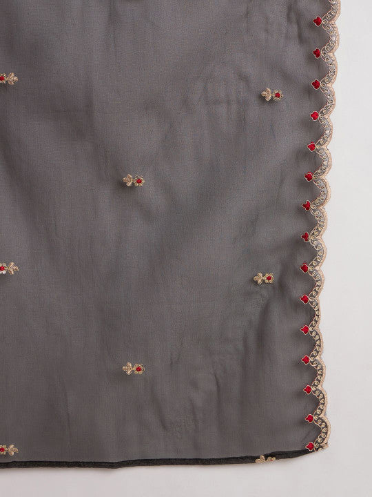 Indo Era Floral Embroidered V-Neck Zari Straight Kurta With Trouser And Dupatta