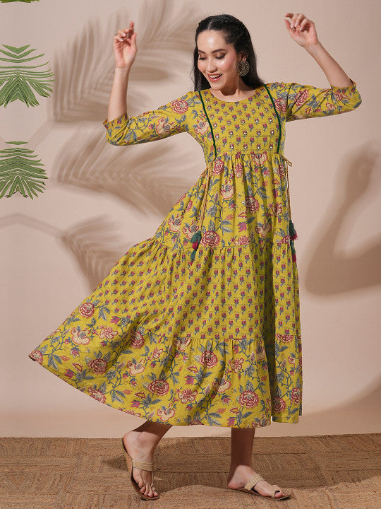 Globus Floral Printed Abla Work Waist Tie-Up Detailing A-Line Tiered Midi Workwear Dress