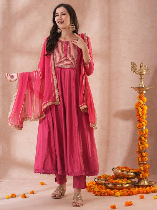 FASHOR Floral Yoke Design Mirror Work Anarkali Kurta