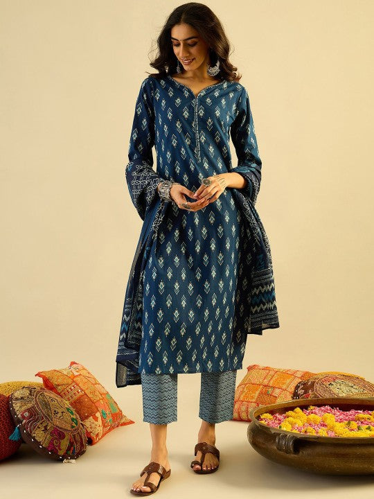 Indo Era Teal blue Ethnic Motifs Printed Pure Cotton Kurta with Trouser & Dupatta