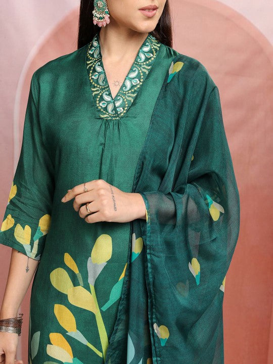 Vishudh Green Floral Printed V-Neck Straight Kurta With Trousers & Dupatta