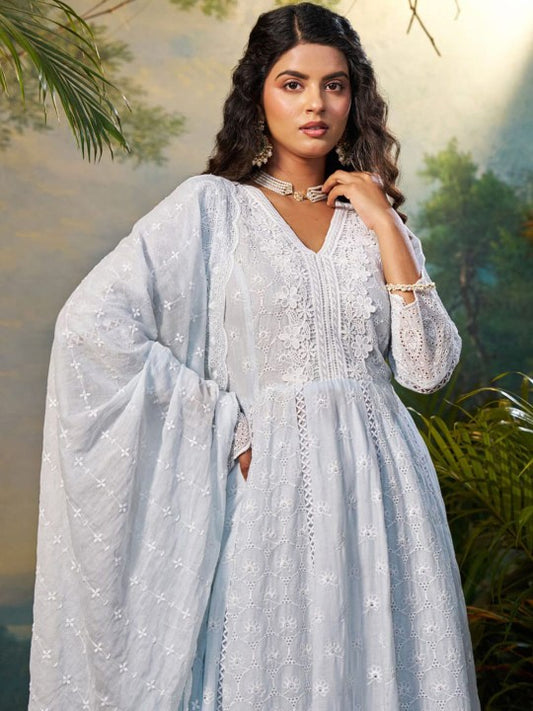 Indo Era Women Floral Embroidered Regular Thread Work Kurta Trousers With Dupatta Set