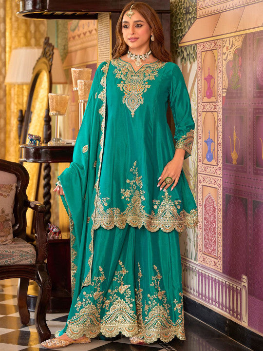 Indo Era Floral Embroidered Sequinned Chinon A-Line Kurta With Palazzos & Dupatta