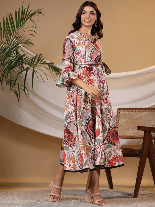 Printed Bell Sleeves Pure Cotton Wrap Midi Ethnic Dress