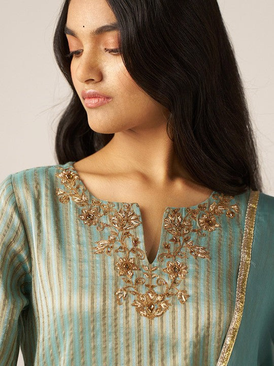 Ganga Striped Woven Design Thread Work Tissue Straight Kurta