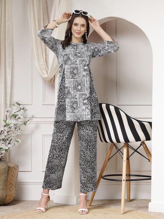 Cotton Black Abstract Print A-Line Co-Ord (Set of 2)