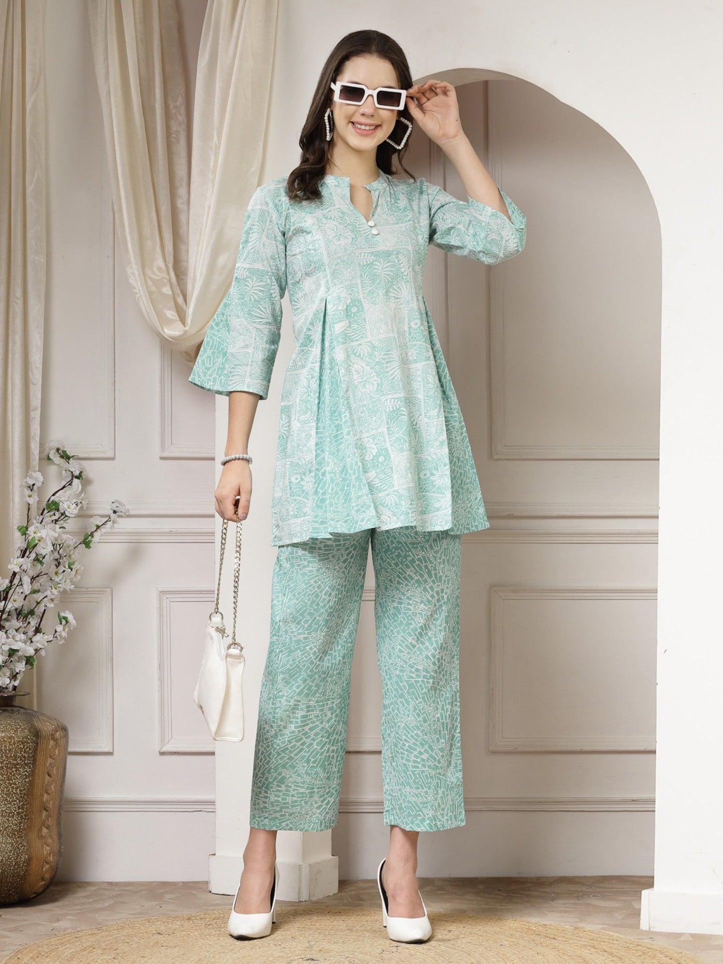 Cotton Sea Green Abstract Print A-Line Co-Ord (Set of 2)