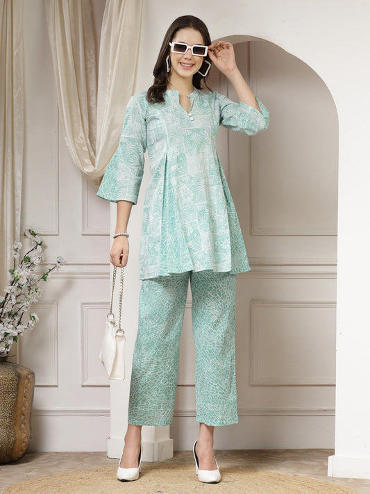 Cotton Sea Green Abstract Print A-Line Co-Ord (Set of 2)