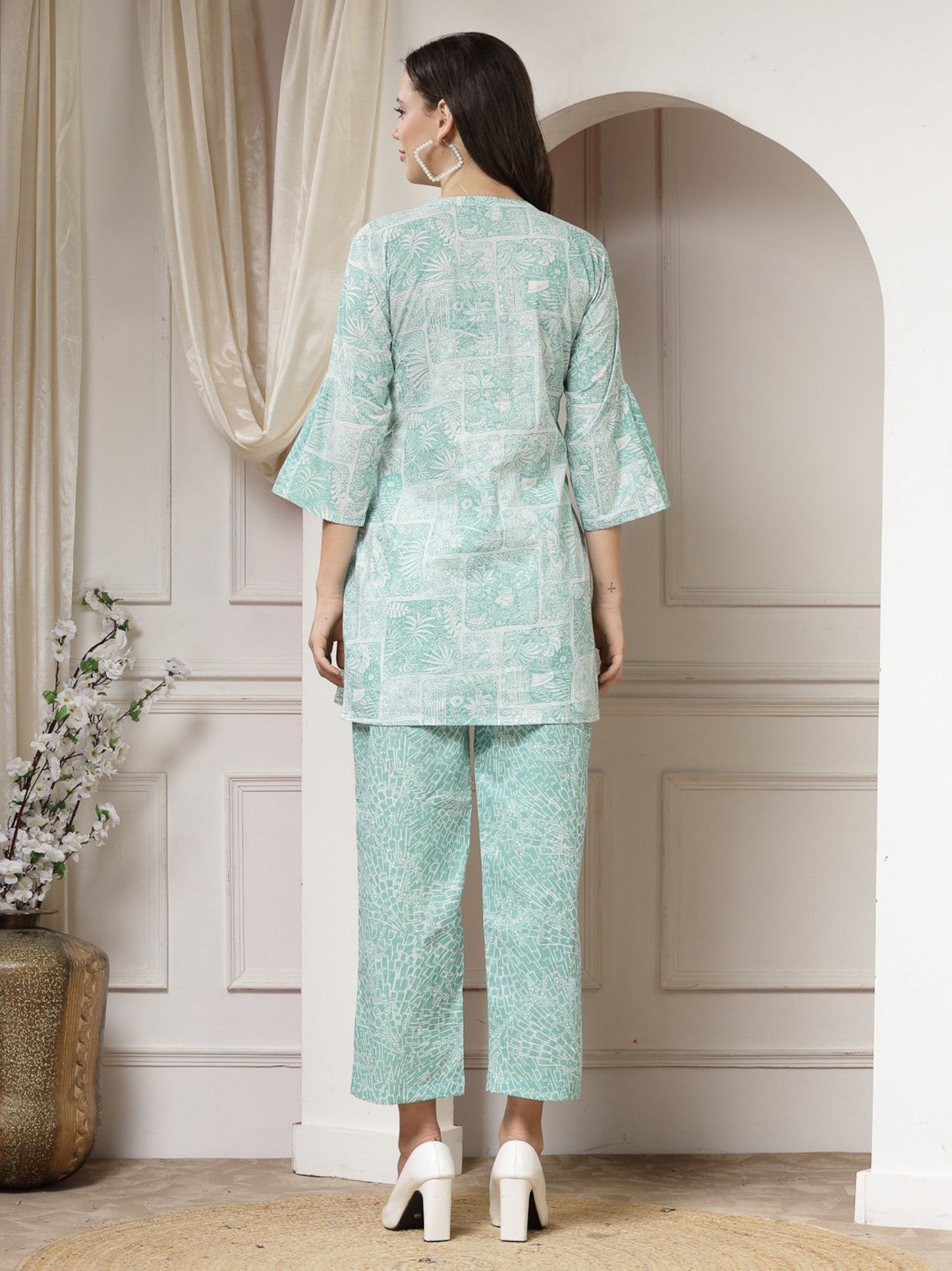 Cotton Sea Green Abstract Print A-Line Co-Ord (Set of 2)