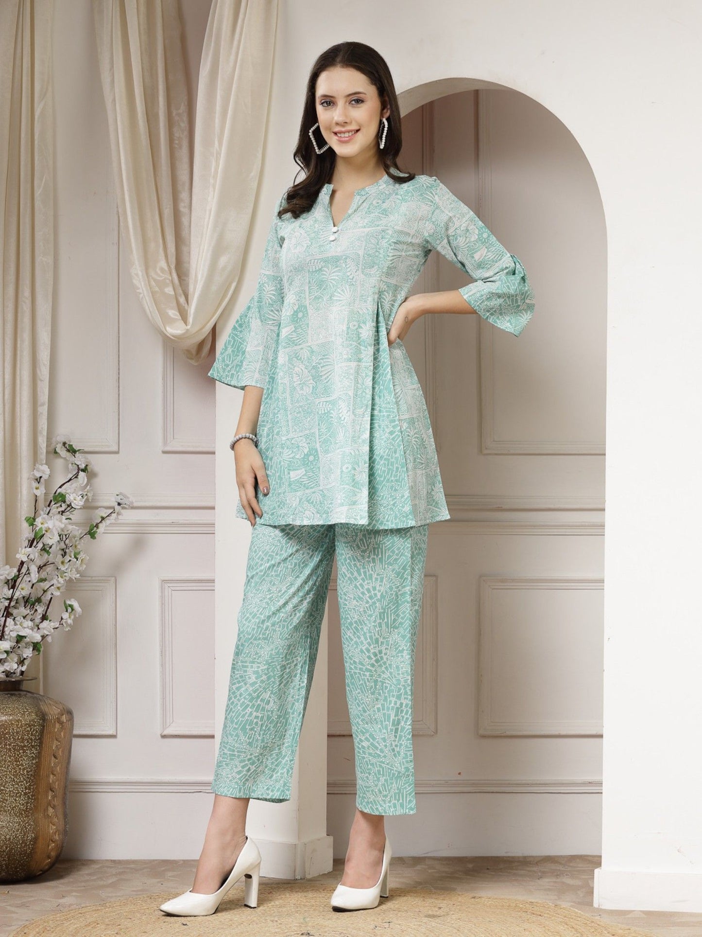 Cotton Sea Green Abstract Print A-Line Co-Ord (Set of 2)