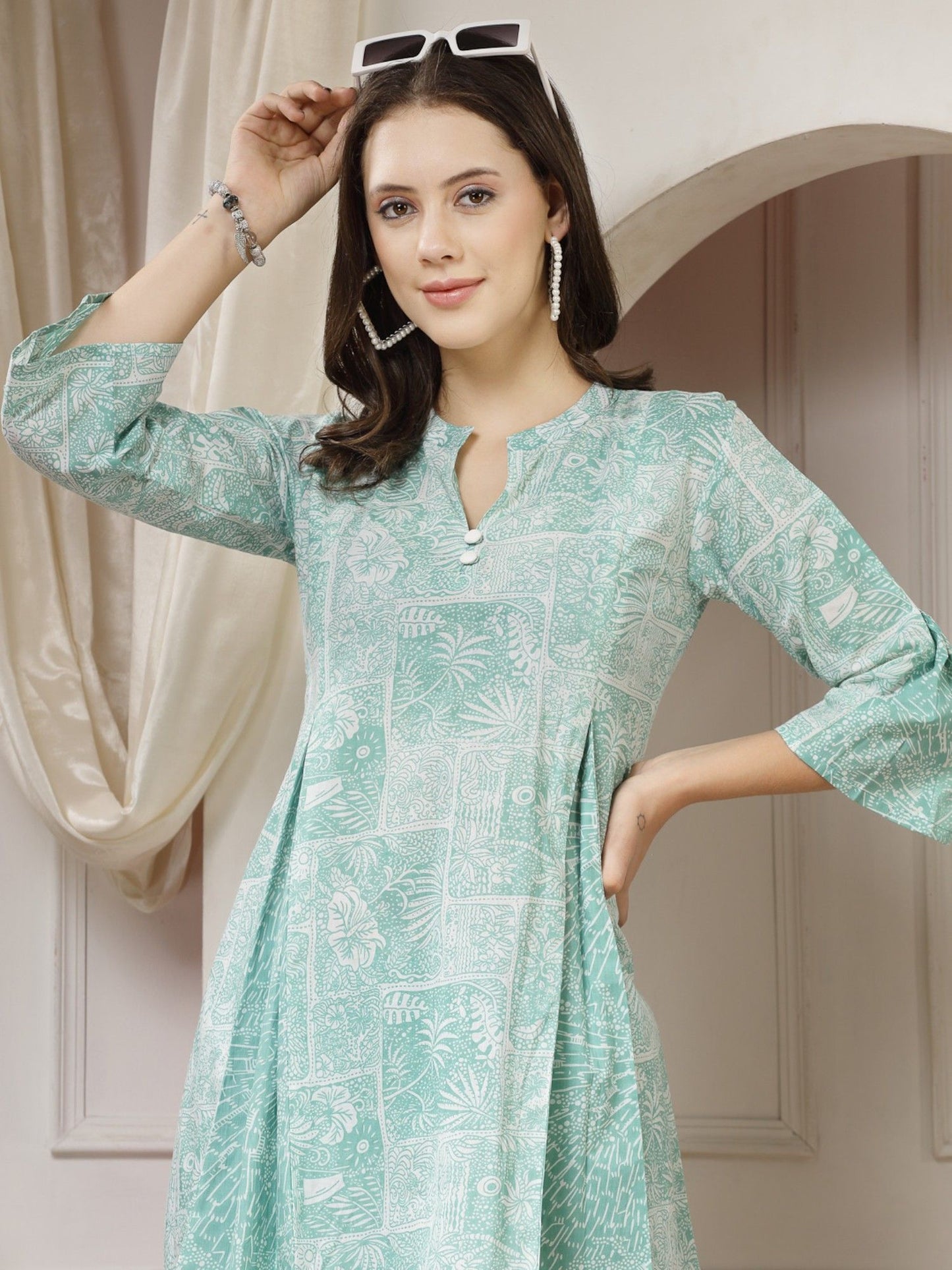 Cotton Sea Green Abstract Print A-Line Co-Ord (Set of 2)