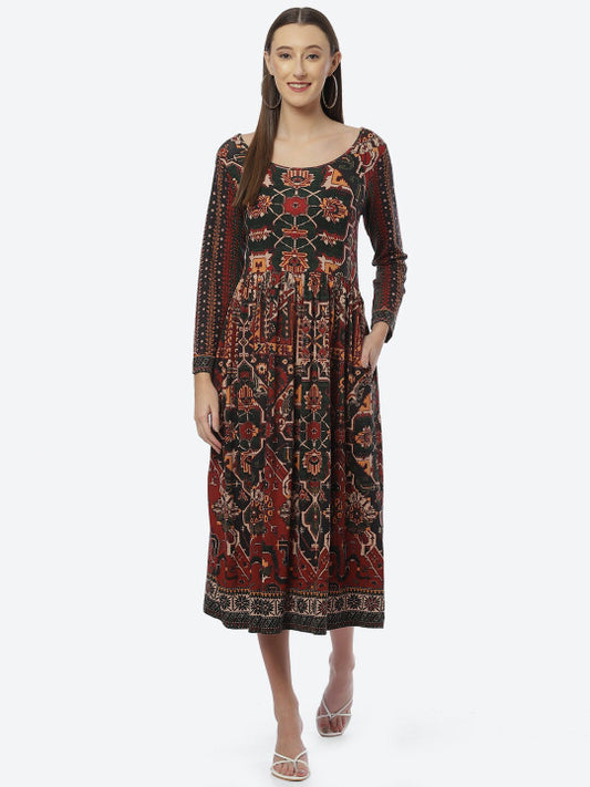 Biba Black & Red Cotton Ethnic Motifs Ethnic Midi Dress
