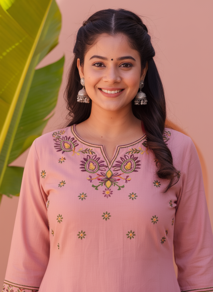 Embroidered Linen Cotton Solid Straight Pink Kurta