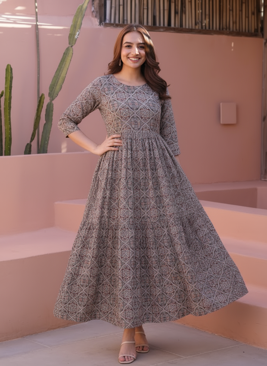 Viscose Jaal Gathered Maroon Dress