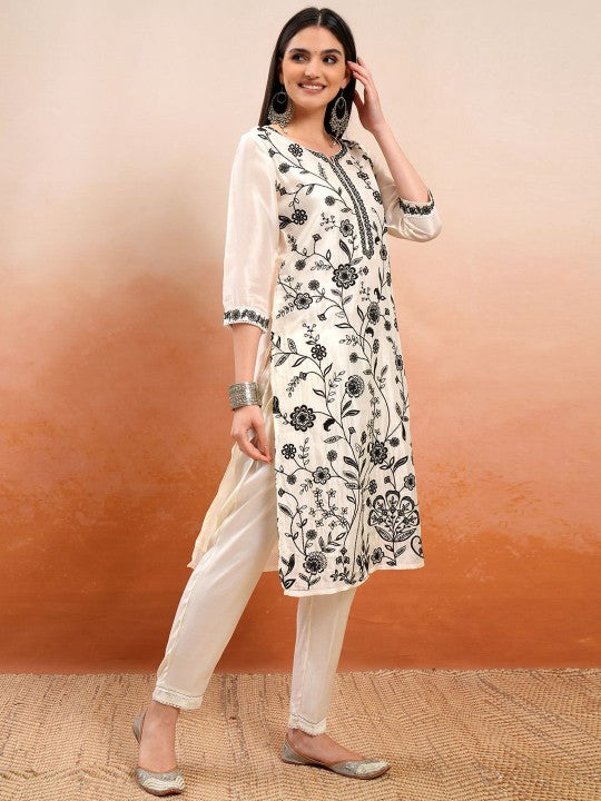 Vishudh Floral Embroidered Regular Thread Work Kurta with Trouser & Dupatta