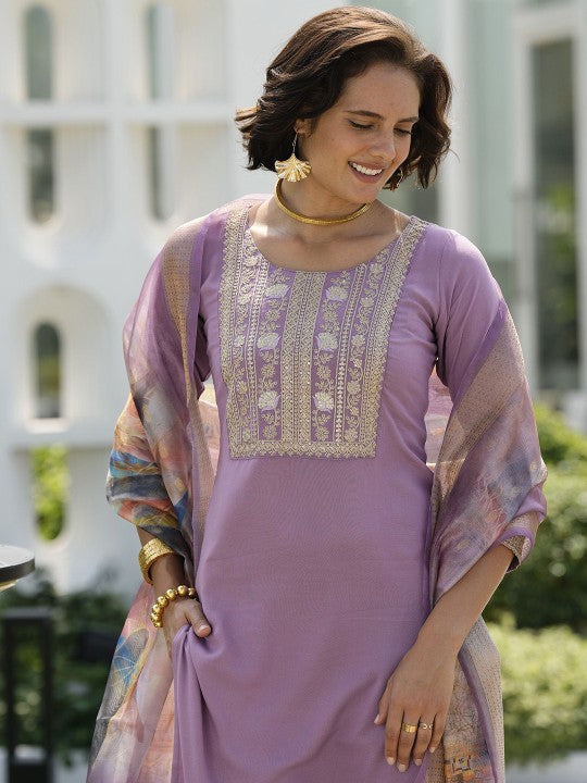 all about you Floral Yoke Design Sequinned Straight Kurta With Trousers & Dupatta