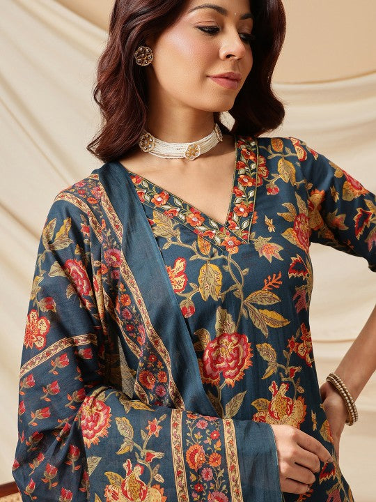 Ginni Arora Label Women Floral Printed Cotton Kurta with Trousers & Dupatta