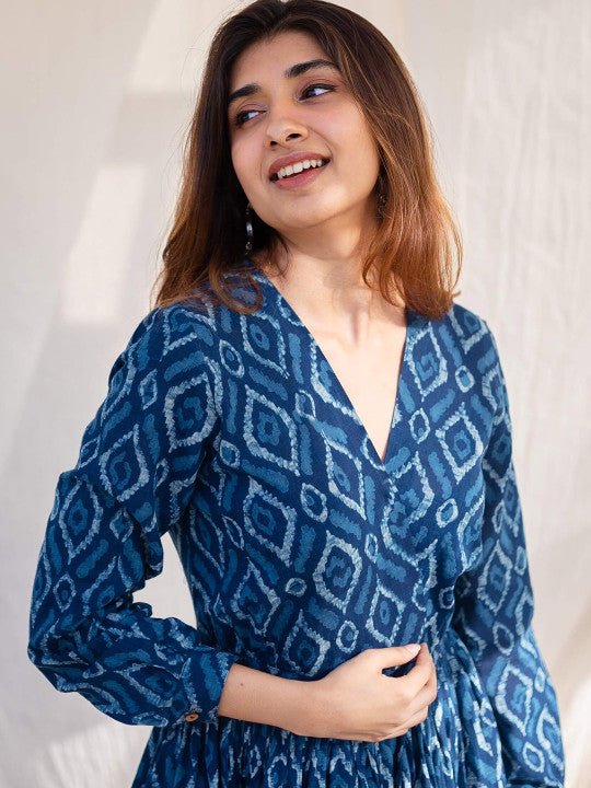 THE INDIAN ETHNIC CO Ethnic Motifs Printed V-Neck Cotton Wrap Maxi Dress