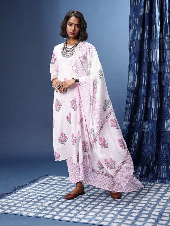 Taavi Indie Floral Printed Straight Hand Block Print Legacy Kurta with Trousers & Dupatta