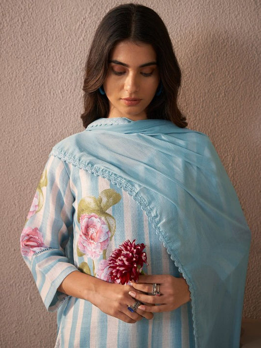 Indo Era Floral Printed V-Neck Linen Kurta with Trousers & Dupatta