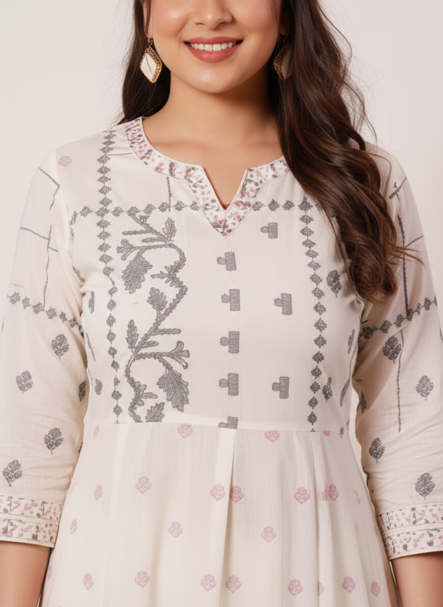 Embroidered Soft Cotton Geometric Anarkali Cream Kurta