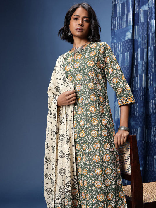 Taavi Bagru Ethnic Motifs Printed Pure Cotton Straight Kurta With Trousers & Dupatta
