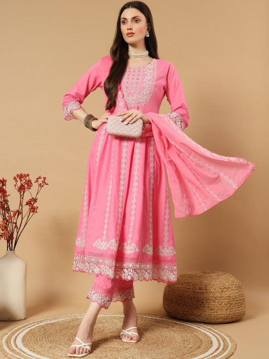 IkDaiya Women Ethnic Motifs Embroidered Regular Pure Cotton Kurta with Trousers & Dupatta