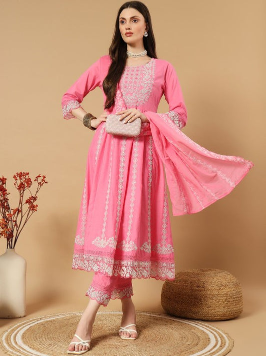 IkDaiya Women Ethnic Motifs Embroidered Regular Pure Cotton Kurta with Trousers & Dupatta