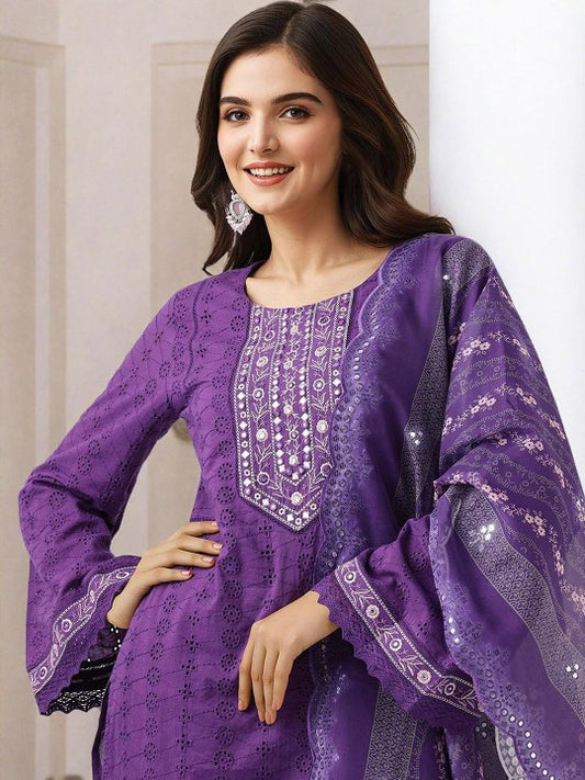 Ishin Floral Embroidered Mirror Work Pure Cotton Straight Kurta With Trouser & Dupatta