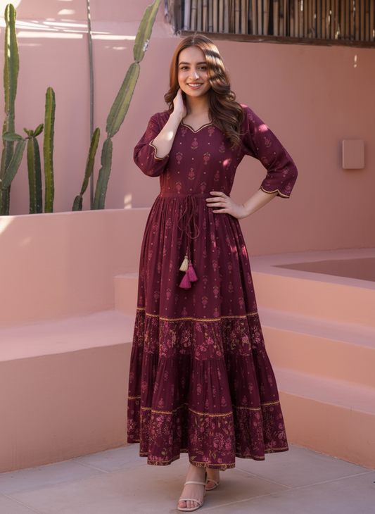 Viscose Floral Anarkali Wine Dress