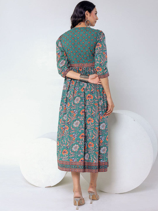 GULAB CHAND TRENDS Floral Printed V-Neck Cotton Gathered Fit & Flare Midi Ethnic Dress