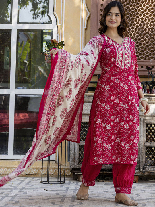 Anouk Women Floral Embroidered Regular Pure Cotton Kurta with Patiala & With Dupatta