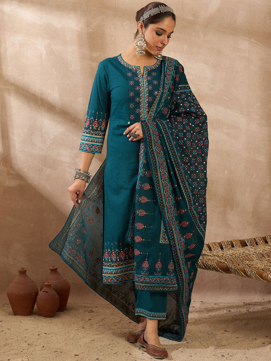 Indo Era Ethnic Motifs Printed Notch Neck Pure Cotton Kurta With Trousers & Dupatta