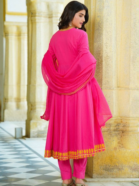 Ambraee Anarkali Mirror Work Organic Cotton Kurta with Trousers & Dupatta