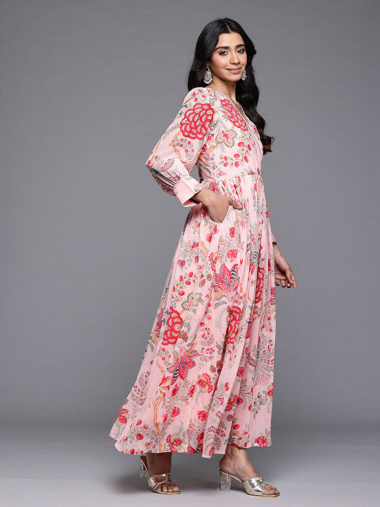 Ahalyaa Floral Printed Puff Sleeves Maxi Wrap Ethnic Dress with Gotta Patti Detail