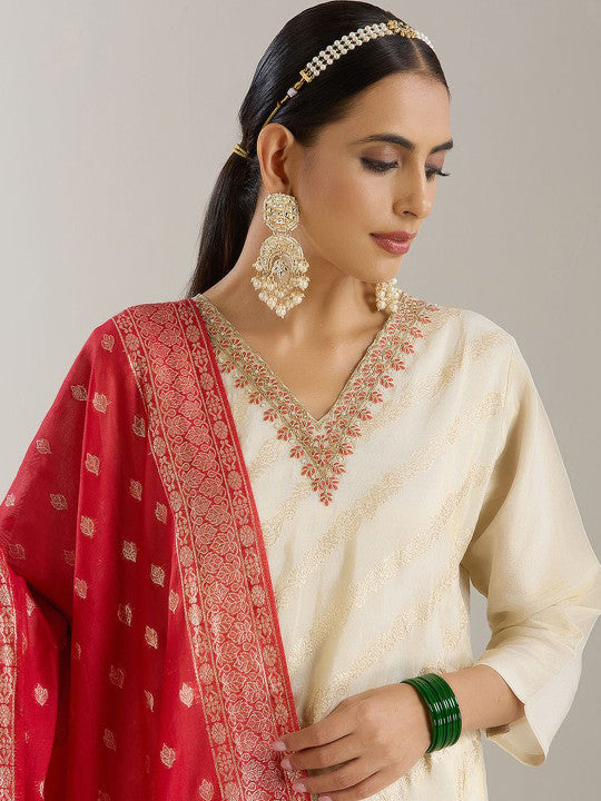 Ishin White Floral Embroidered V-Neck Straight Kurta With Trousers & Dupatta